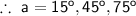 \sf{\therefore\ a=15^o,45^o, 75^o}