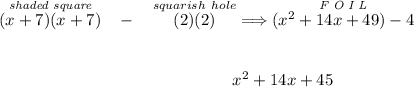 \stackrel{ \textit{shaded square} }{(x+7)(x+7)}~~ - ~~\stackrel{ squarish~hole }{(2)(2)}\implies \stackrel{\textit{F O I L}}{(x^2+14x+49)-4} \\\\\\ ~\hfill~ x^2+14x+45~\hfill~
