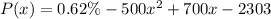 \(P(x) = 0.62\% - 500x^2 + 700x - 2303\)