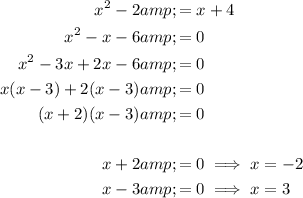 \begin{aligned}x^2-2&amp;=x+4\\x^2-x-6&amp;=0\\x^2-3x+2x-6&amp;=0\\x(x-3)+2(x-3)&amp;=0\\(x+2)(x-3)&amp;=0\\\\x+2&amp;=0\implies x=-2\\x-3&amp;=0\implies x=3\end{aligned}