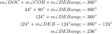 \begin{aligned}m \angle DOC + m\angle COB + m \angle DEB &= 360^(\circ)\\44^(\circ)+ 80^(\circ)+m \angle DEB &= 360^(\circ)\\124^(\circ)+m \angle DEB &= 360^(\circ)\\124^(\circ)+m \angle DEB -124^(\circ)&= 360^(\circ)-124^(\circ)\\m \angle DEB &= 236^(\circ)\end{aligned}