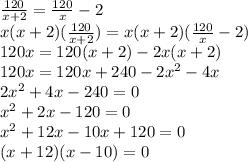 (120)/(x+2) =(120)/(x) -2\\x(x+2)((120)/(x+2) )=x(x+2)((120)/(x) -2)\\120x=120(x+2)-2x(x+2)\\120x=120x+240-2x^(2) -4x\\2x^(2) +4x-240=0\\x^(2) +2x-120=0\\x^(2) +12x-10x+120=0\\(x+12)(x-10)=0