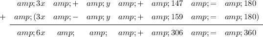 \begin{array}{crcccccl}&amp;3x&amp;+&amp;y&amp;+&amp;147&amp;=&amp;180\\\vphantom{\frac12}+&amp;(3x&amp;-&amp;y&amp;+&amp;159&amp;=&amp;180)\\\cline{2-8}\vphantom{\frac12}&amp;6x&amp;&amp;&amp;+&amp;306&amp;=&amp;360\end{array}