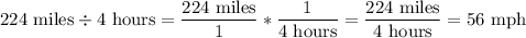 \displaystyle 224\text{ miles} / 4\text{ hours} =\frac{224\text{ miles}}{1} * \frac{1}{4\text{ hours}} =\frac{224\text{ miles}}{4\text{ hours}} = 56\text{ mph}