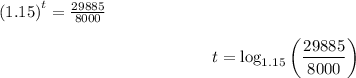 \[ \left(1.15\right)^t = (29885)/(8000) \]\\\[ t = \log_(1.15) \left((29885)/(8000)\right) \]