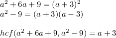 a^2+6a+9=(a+3)^2\\a^2-9=(a+3)(a-3)\\\\hcf(a^2+6a+9,a^2-9)=a+3\\