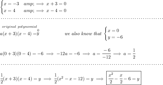 \begin{cases} x = -3 &amp;\implies x +3=0\\ x = 4 &amp;\implies x -4=0\\ \end{cases} \\\\[-0.35em] ~\dotfill\\\\ \stackrel{original~polynomial}{a ( x +3 )( x -4 ) = \stackrel{0}{y}}\hspace{5em}\textit{we also know that } \begin{cases} x=0\\ y=-6 \end{cases} \\\\\\ a ( 0 +3 )( 0 -4 ) = -6\implies -12a=-6\implies a=\cfrac{-6}{-12}\implies a=\cfrac{1}{2} \\\\[-0.35em] ~\dotfill\\\\ \cfrac{1}{2}( x +3 )( x -4 ) =y\implies \cfrac{1}{2}(x^2-x-12)=y\implies \boxed{\cfrac{x^2}{2}-\cfrac{x}{2}-6=y}