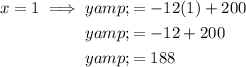 \begin{aligned}x=1 \implies y&=-12(1)+200\\y&=-12+200\\y&=188\end{aligned}