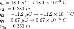 q_1=18.1 \ \mu C \rightarrow 18.1 * 10 ^(-6) \ C\\r_{2_(1)}=0.280 \ m\\q_2=-11.2 \ \mu C \rightarrow -11.2 * 10 ^(-6) \ C\\q_3=5.67 \ \mu C \rightarrow 5.67 * 10 ^(-6)\ C\\r_{2_(3)}=0.350 \ m