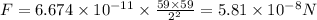 F=6.674* 10^(-11)* (59* 59)/(2^2)=5.81* 10^(-8) N