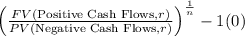 \left( \frac{{FV(\text{Positive Cash Flows}, r)}}{{PV(\text{Negative Cash Flows}, r)}} \right)^{(1)/(n)} - 1 \]