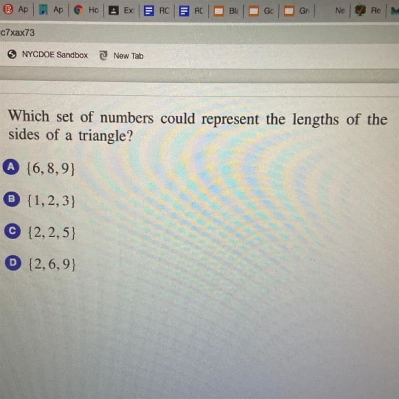 Which set of numbers could represent the lengths of the sides of a triangle? A {6,8,9} B-example-1