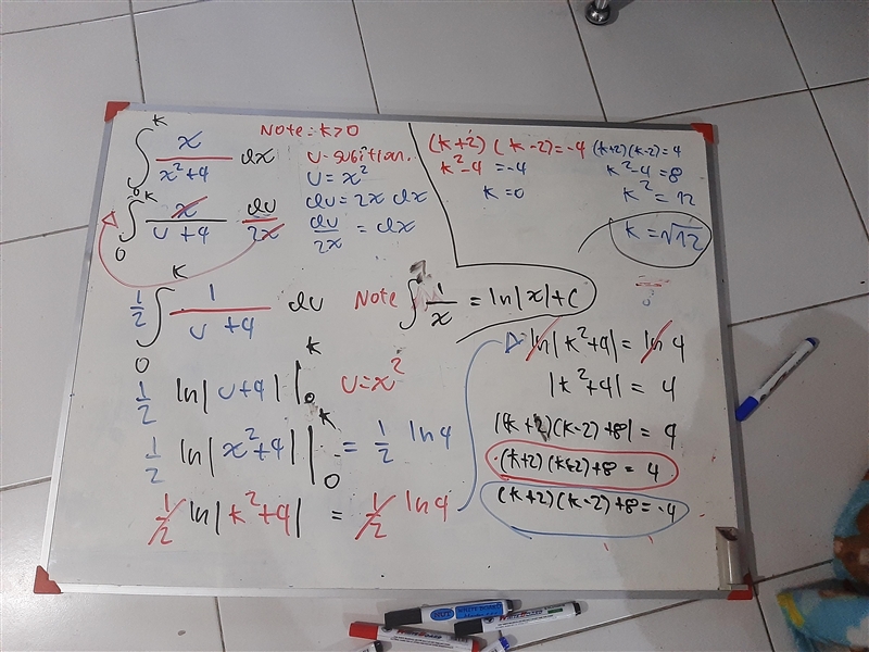 Calculus Help Please!! If integral^k_0 x/(x^2 + 4) dx = 1/2 ln(4), where k > 0, then-example-1