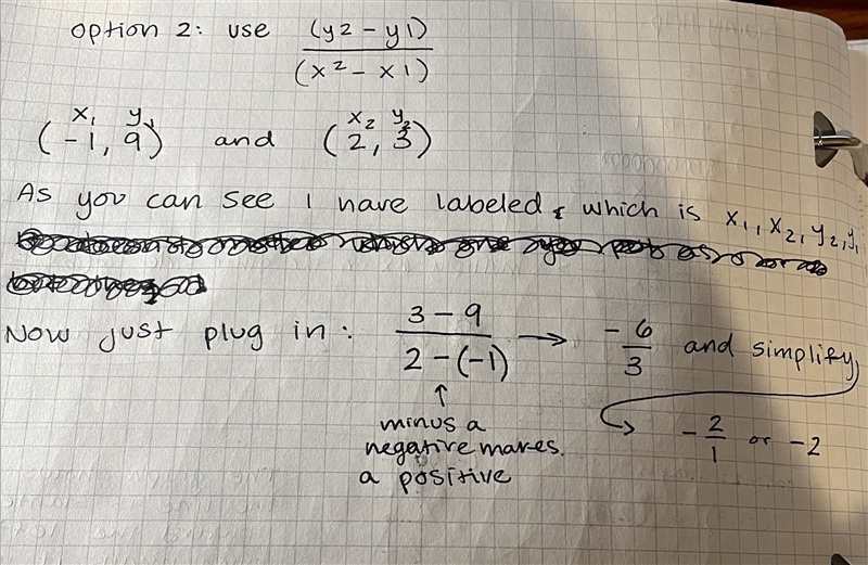 Find the slope between (-1, 9) and (2, 3). if you help me right know-example-2