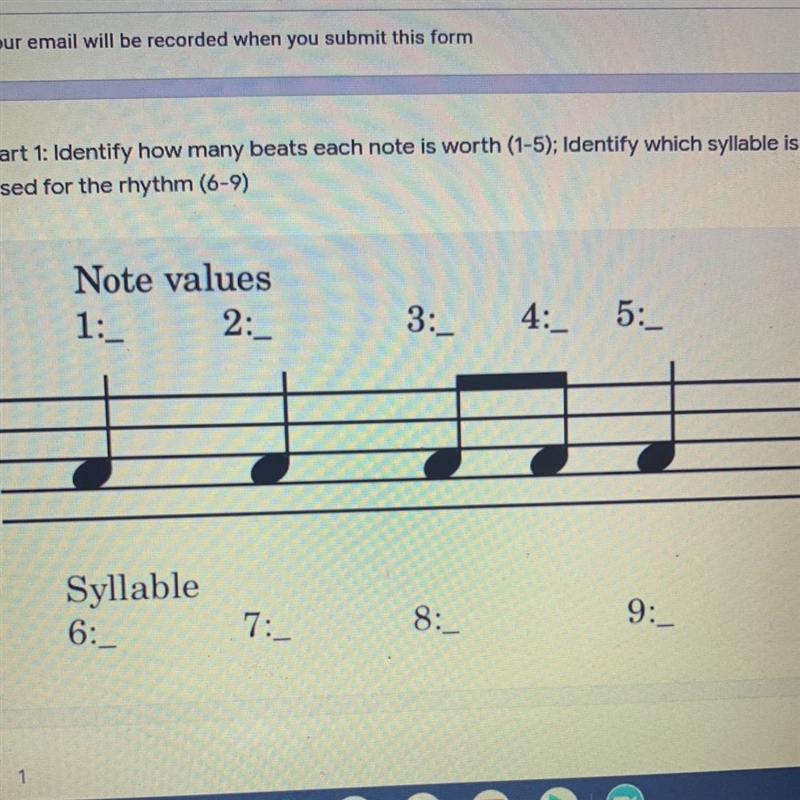 part 1 identify how many beats each note is worth (1-5): Identify which syllable is-example-1