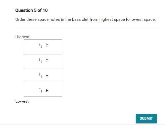 Order these space notes in the bass clef from high space to lowest space-example-1