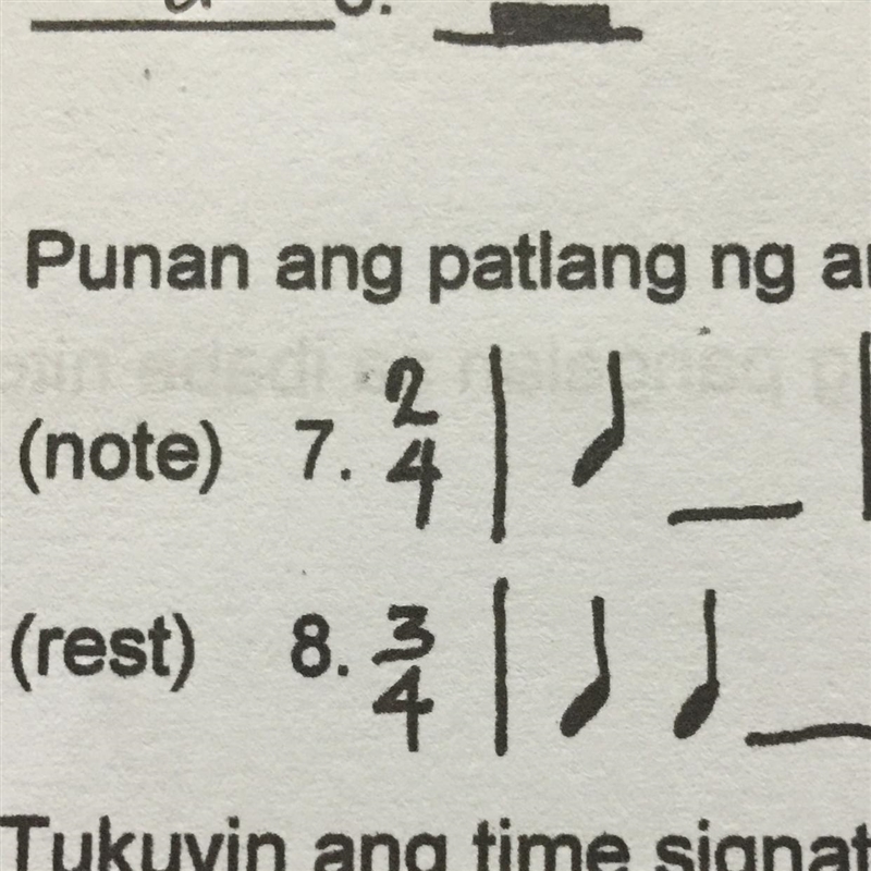 Help Po pls Punjab ang patlang ng angkop na note o rest para mabuo ang rhythmic pattern-example-1