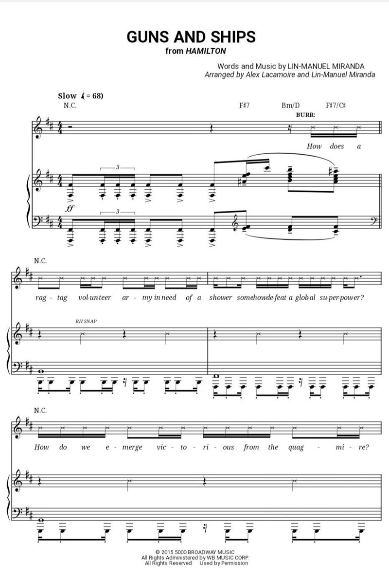 Piano sheet music for the Alexander Hamilton song “Guns and Ships”-example-1