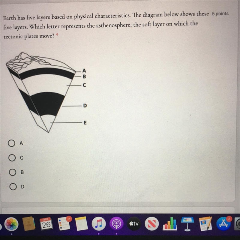 Earth has five layers based on physical characteristics. The diagram below shows these-example-1