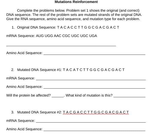 NEED HELP ASAP Mutation reinforcement practice and DNA sequence, mRNA sequence, amino-example-1