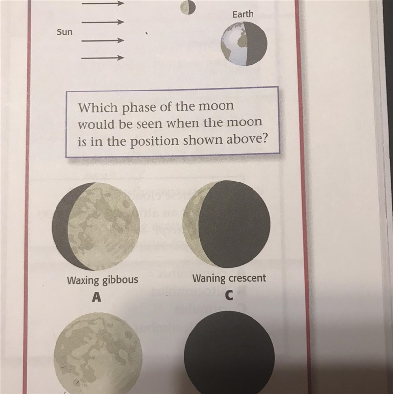 Moon Earth Sun Which phase of the moon would be seen when the moon is in the position-example-1