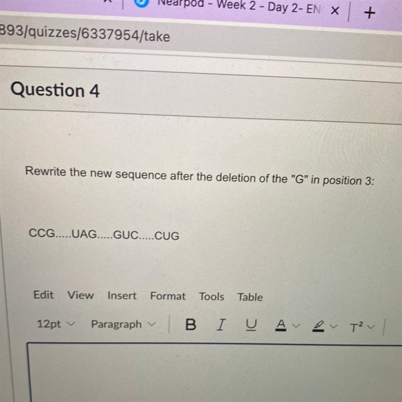 Rewrite the new sequence after the deletion of the "G" in position 3: CCG-example-1