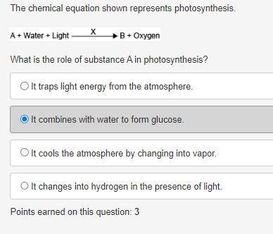 The chemical equation shown represents photosynthesis. What is the role of substance-example-1