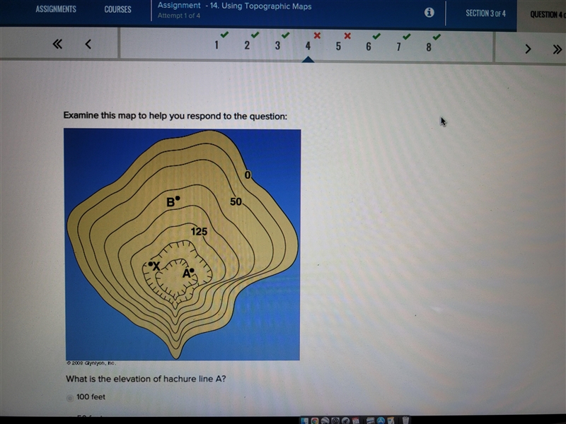 What is the elevation of hachure line A? 100 feet 50 feet 75 feet 125 feet Because-example-1