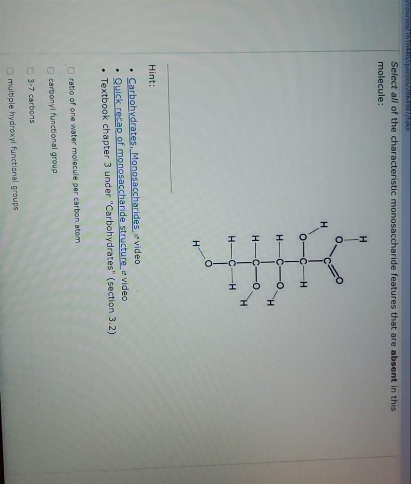 Select all of the characteristic monosaccharide features that are absent in this molecule-example-1