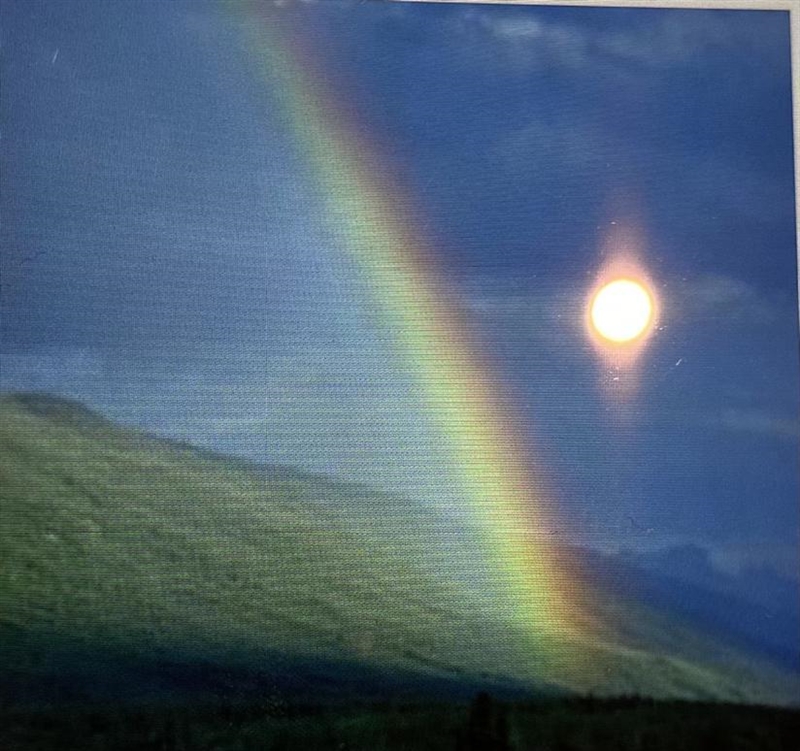 Rainbows, like the one shown below, form when sunlight passes through raindrops and-example-1