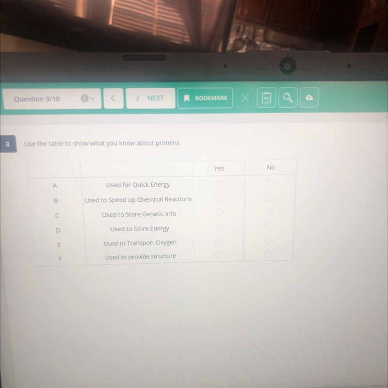 3 Use the table to show what you know about proteins Yes No А Used for Quick Energy-example-1