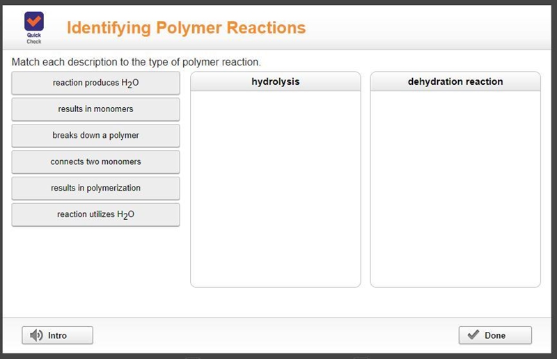 Match each description to the type of polymer reaction.-example-1