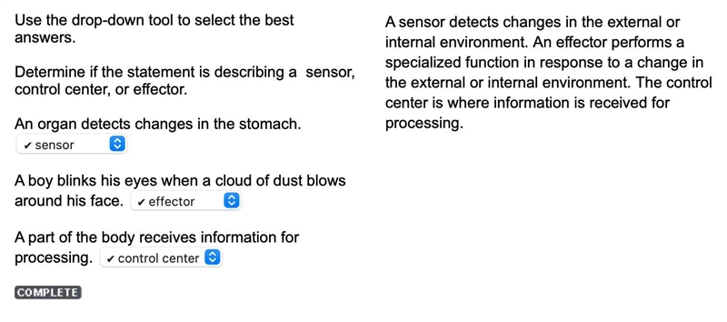 Determine if the statement is describing a sensor, control center, or effector. An-example-1