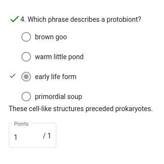 Which phrase describes a protobiont? brown goo primordial soup warm little pond early-example-1