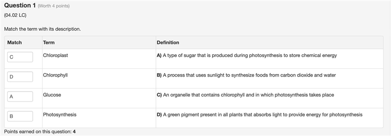 Match the term with its description. Match Term Definition Chloroplast A) A type of-example-1