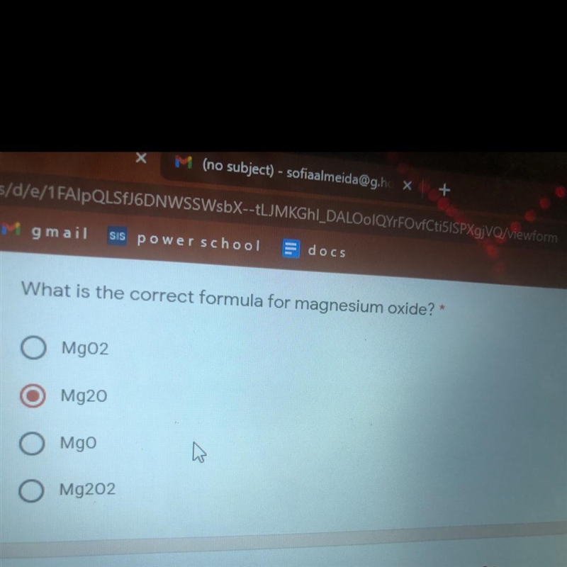 What is the correct formula for magnesium oxide? Mgo2 Mg20 Mgo O Mg202-example-1
