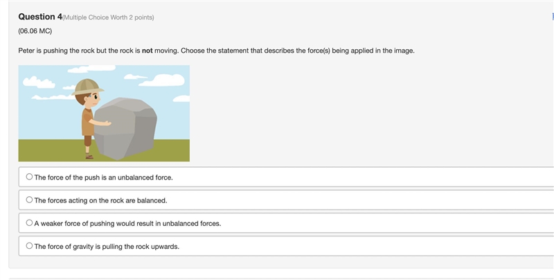 Please help! Peter is pushing the rock but the rock is not moving. Choose the statement-example-1