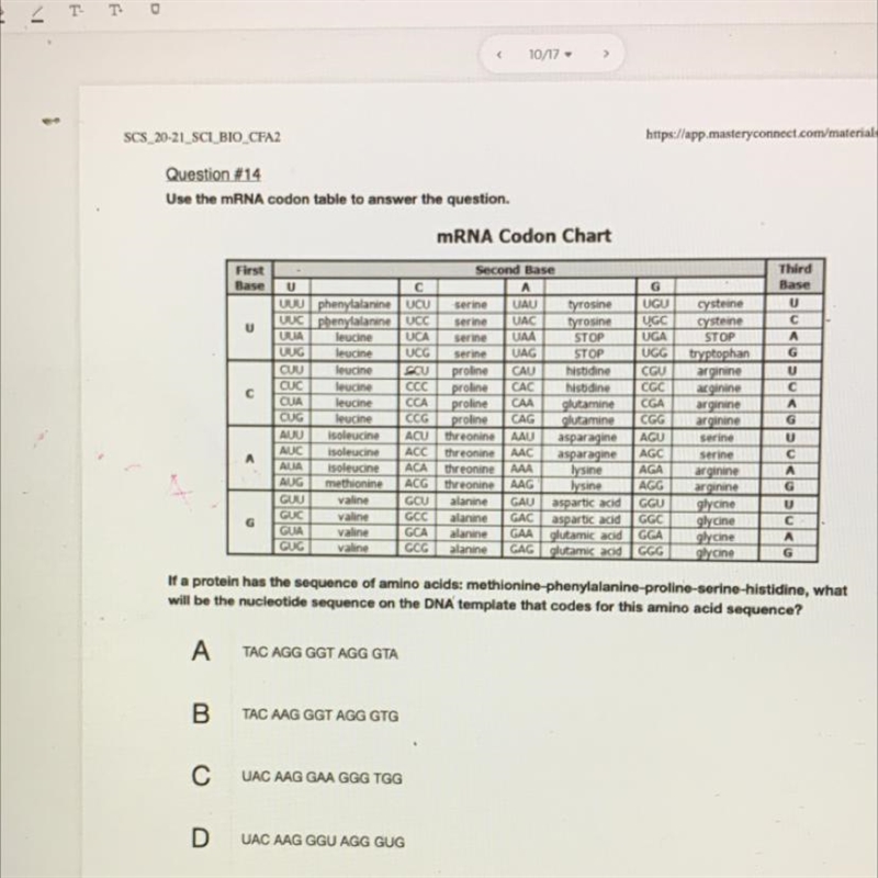 PLS HELPPPPP Use the mRNA codon table to answer the question. mRNA Codon Chart First-example-1