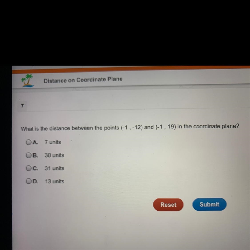 What is the distance between the points (-1,-12) and (-1, 19) in the coordinate plane-example-1