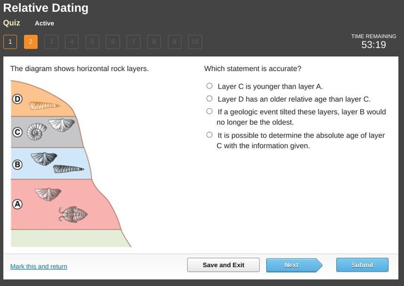 Which statement is accurate? Layer C is younger than layer A. Layer D has an older-example-1