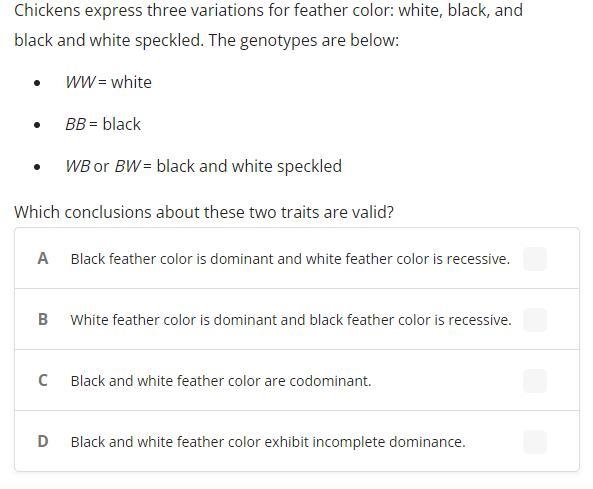 Chickens express three variations for feather color: white, black, and black and white-example-1