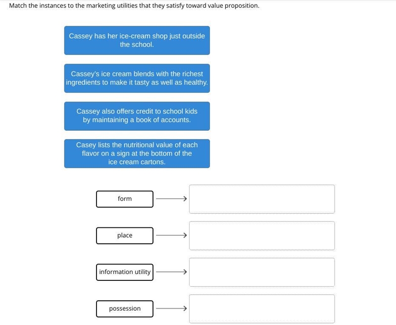 Match the instances to the marketing utilities that they satisfy toward value proposition-example-1