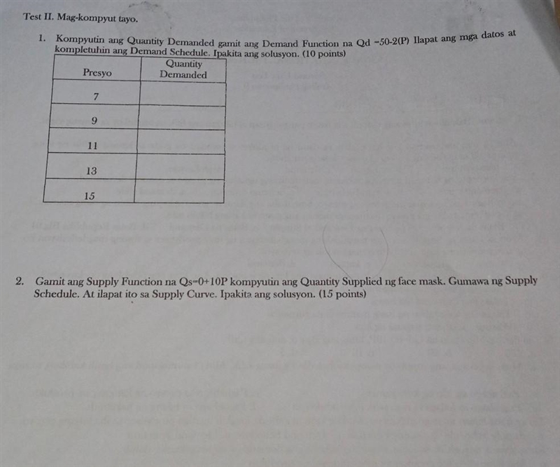 Test II. Mag-kompyut tayo. 1. Kompyutin ang Quantity Demanded gamit ang Demand Function-example-1