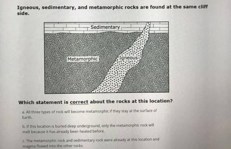 igneous sedimentary, and metamorphic rocks are found at the same cliff side.Which-example-1