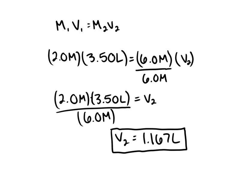 A lab requires 3.50L of a 2.0M solution of HCl. What volume of a 6.0M solution is-example-1