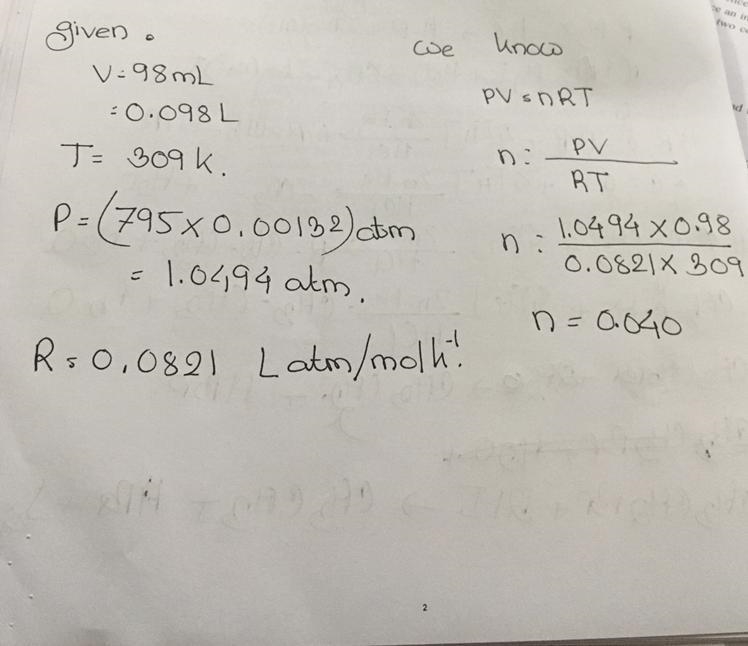 What is the mole of 98 mL of carbon dioxide gas at 36°C and 795 torr? R = 0.0821 Latm-example-1