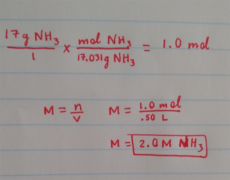 What is the molarity of a solution that contains 17g of NH₃ in 0.50L of solution? Please-example-1