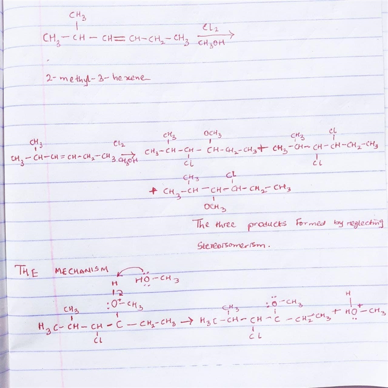 When 2-methyl-3-hexene is treated with Cl2 in methanol, three products are formed-example-1