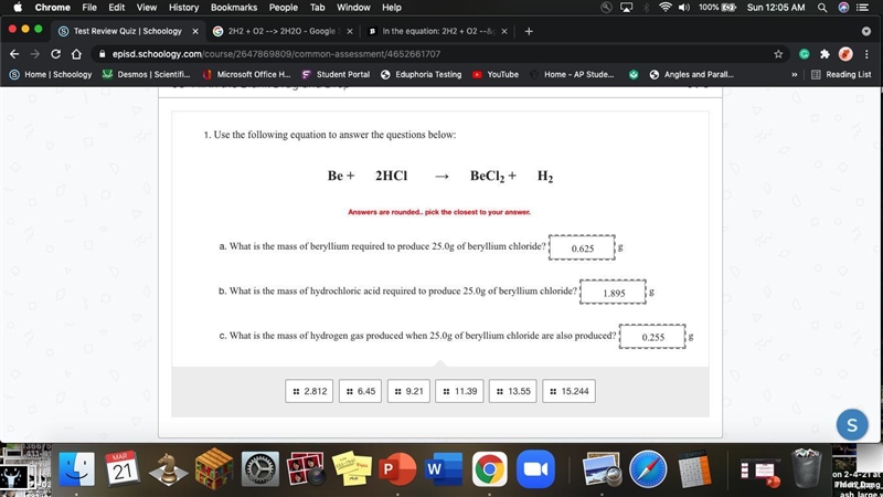 Use the following equation to answer the questions below: Be + 2HCl → BeCl2 + H2 Answers-example-1