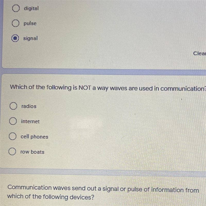 Clear selection Which of the following is NOT a way waves are used in communication-example-1